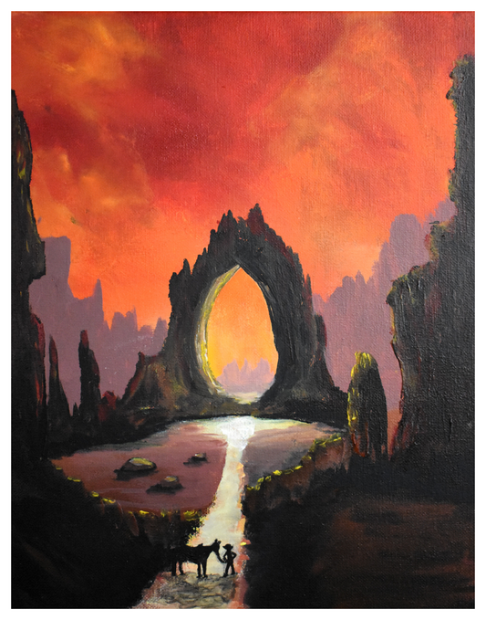 Fantasy landscape with a large archway and silhouette of a horse and rider against a fiery sky.