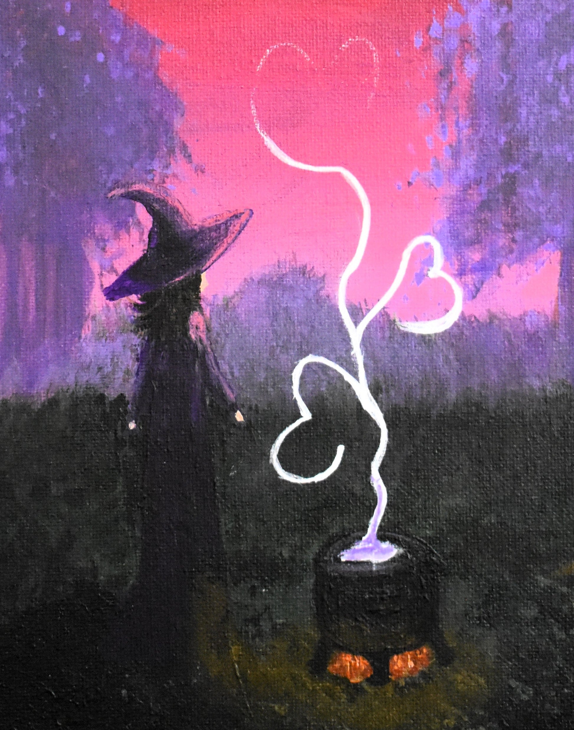 Painting of a witch in a forest with a glowing heart and moonlit sky.