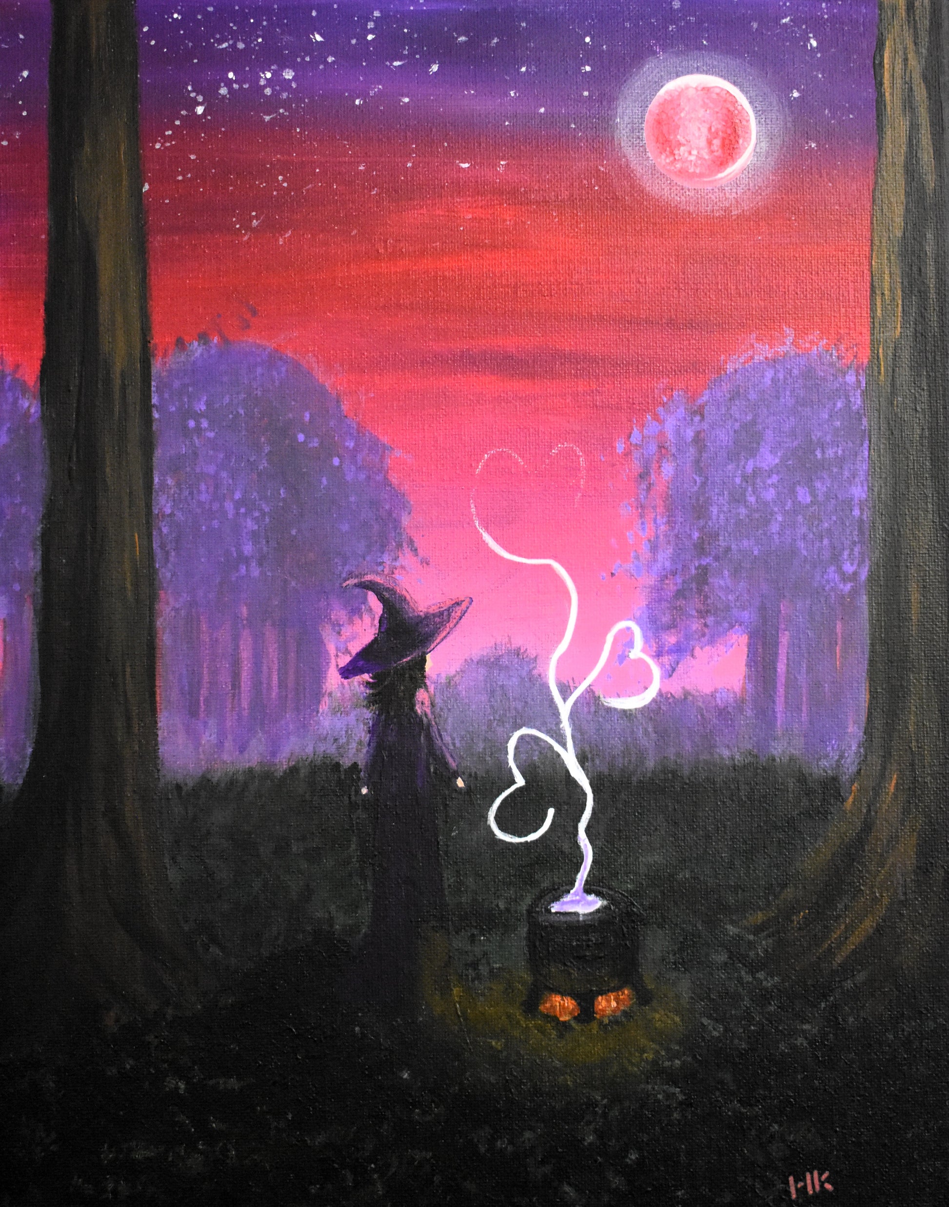Painting of a witch in a forest with a glowing heart and moonlit sky.